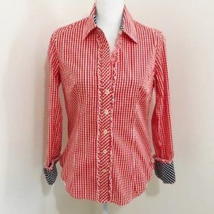 LILLY Pulitzer Red ,White and Blue Gingham Cotton Ruffle Trim Button Front Shirt